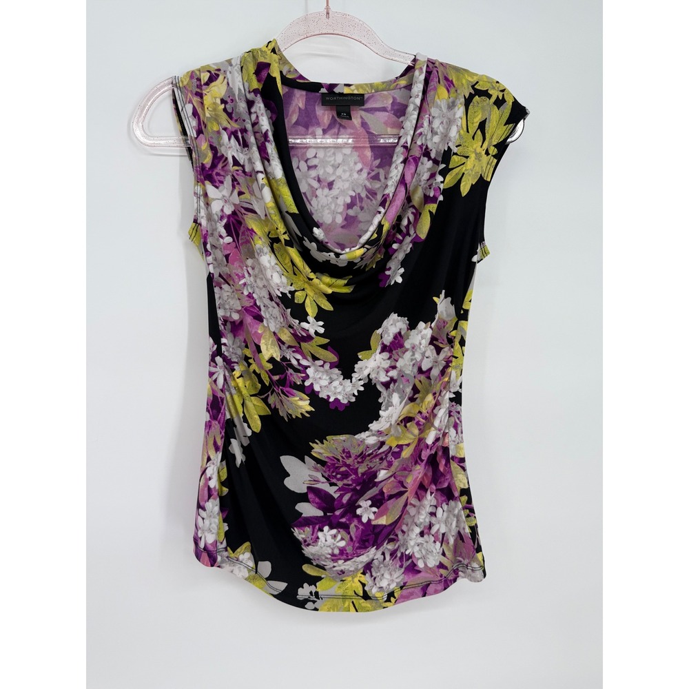 Worthington Purple Black Floral Print Cowl Neck Sleeveless Top Women's Sz PS